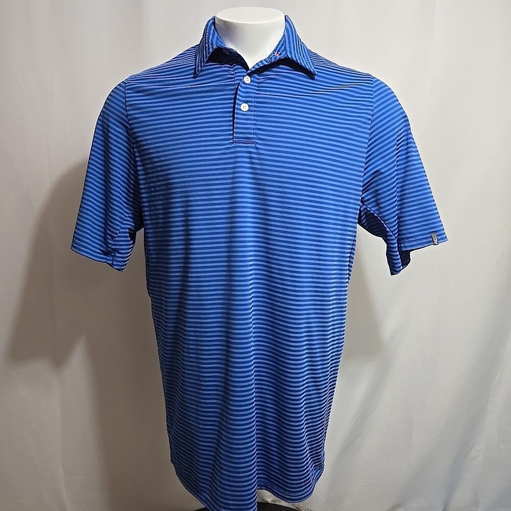 Kjus Golf Polo Shirt Mens Size Large Blue Striped UPF 50+ Stretch